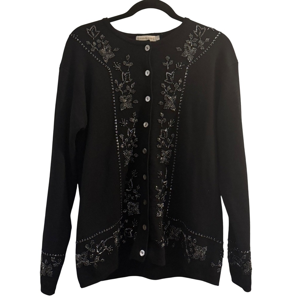 Vintage Banana Republic Cardigan Black L Beaded Merino Wool